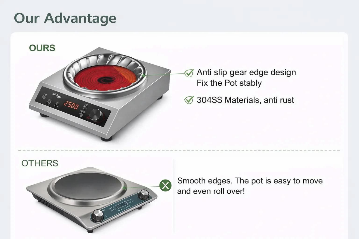 Stainless steel infrared stove with anti-slip gear edge compared to smooth-edge cooktop.
