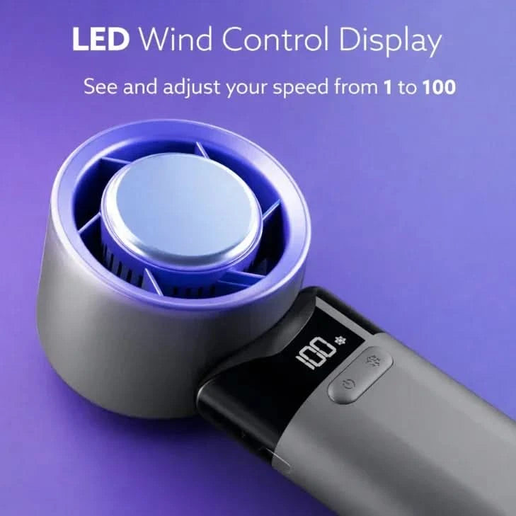 Modern bladeless fan with LED wind control display and adjustable speed on purple background