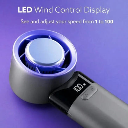 Modern bladeless fan with LED wind control display and adjustable speed on purple background