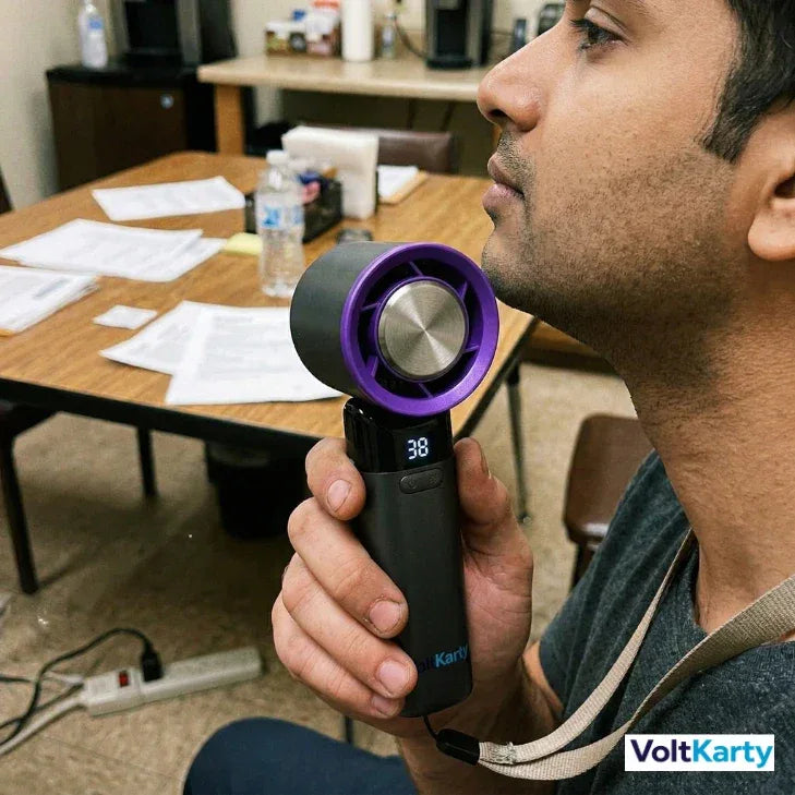 Man using a handheld electric fan with temperature display in an office setting