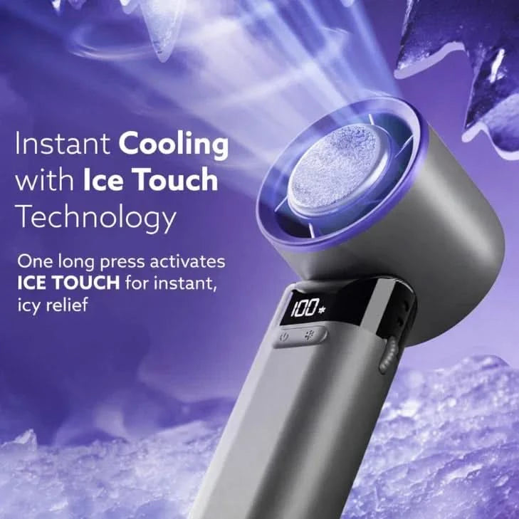 Handheld device with digital display demonstrating instant cooling Ice Touch technology