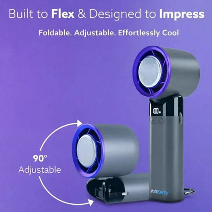 Foldable, adjustable portable fan with digital display and sleek metallic finish on purple background.